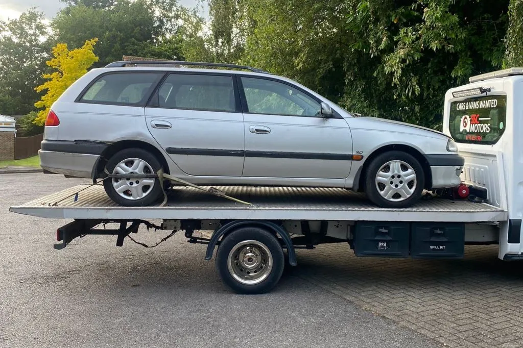 A silver Toyota Avensis loaded on the SSC recovery truck